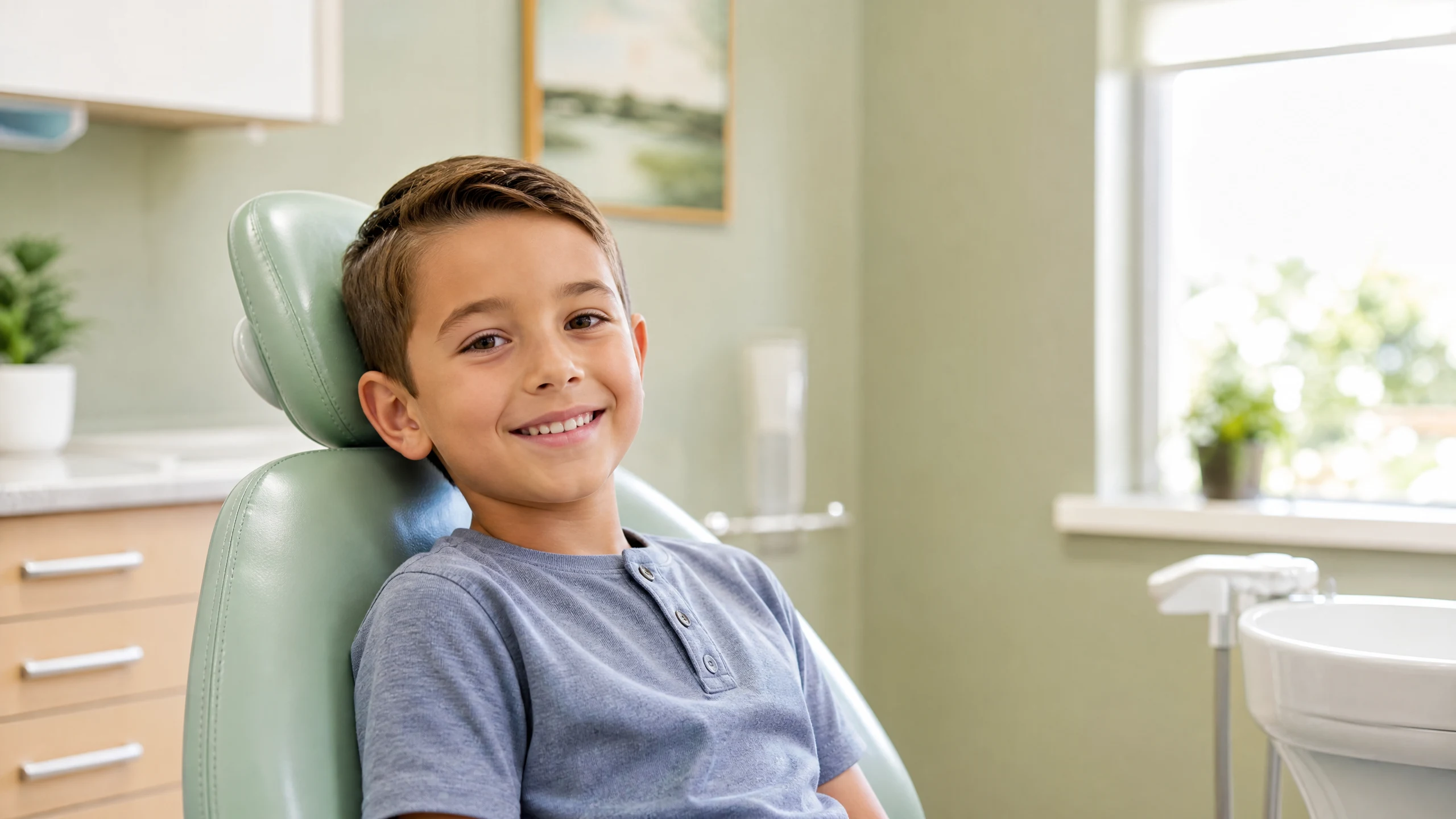 A smiling child patient seated alone in a dental chair