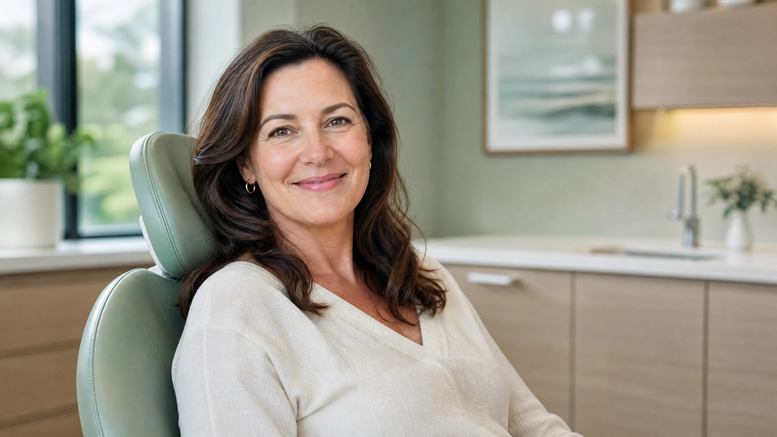 A smiling middle-aged woman seated alone in a dental chair