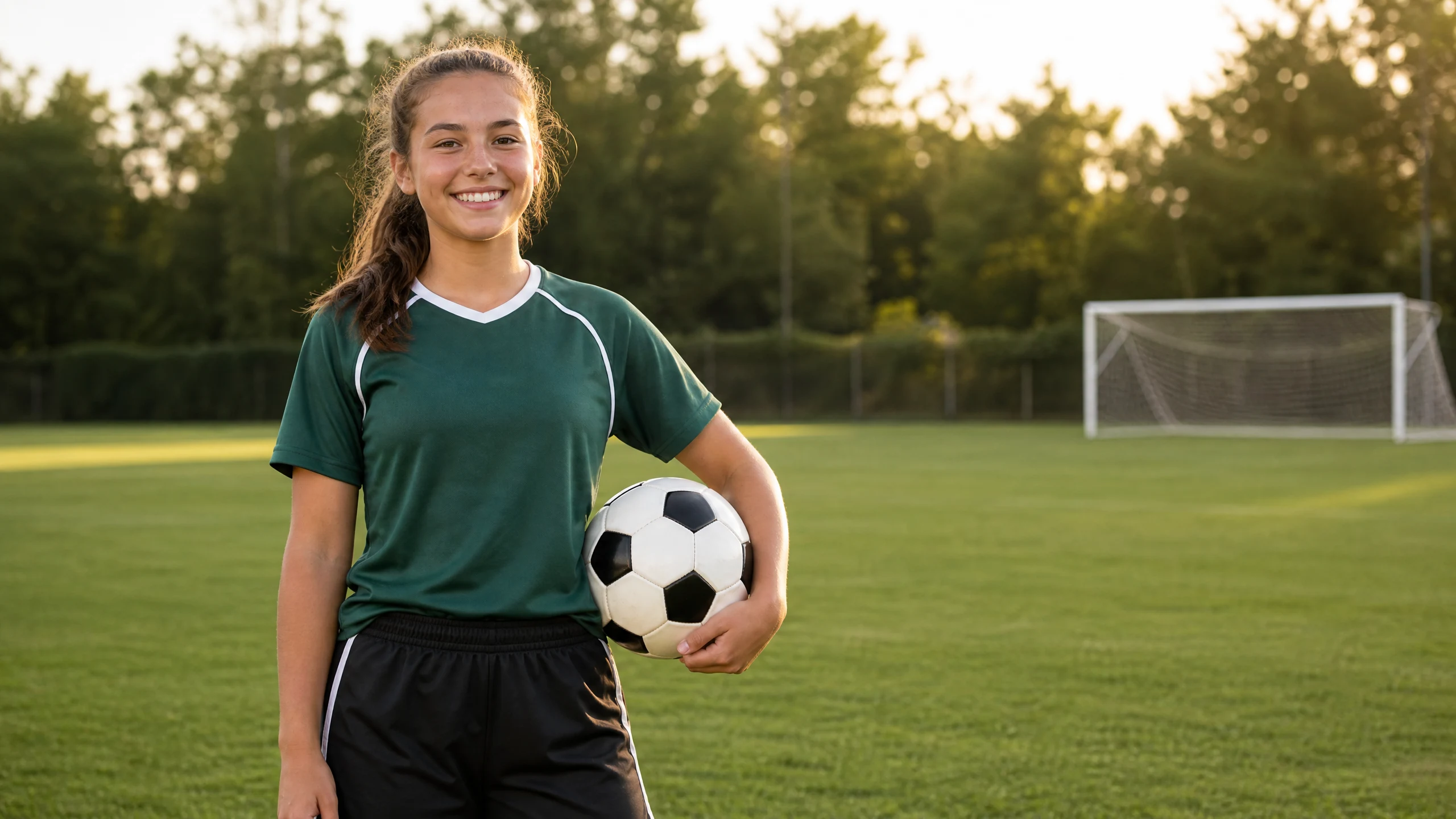 A teenage girl soccer player standing alone with a soccer ball