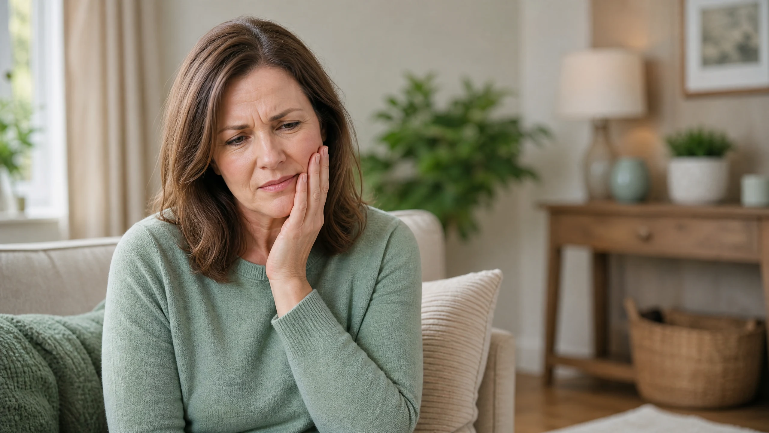 A middle-aged woman holding her cheek with tooth-pain discomfort