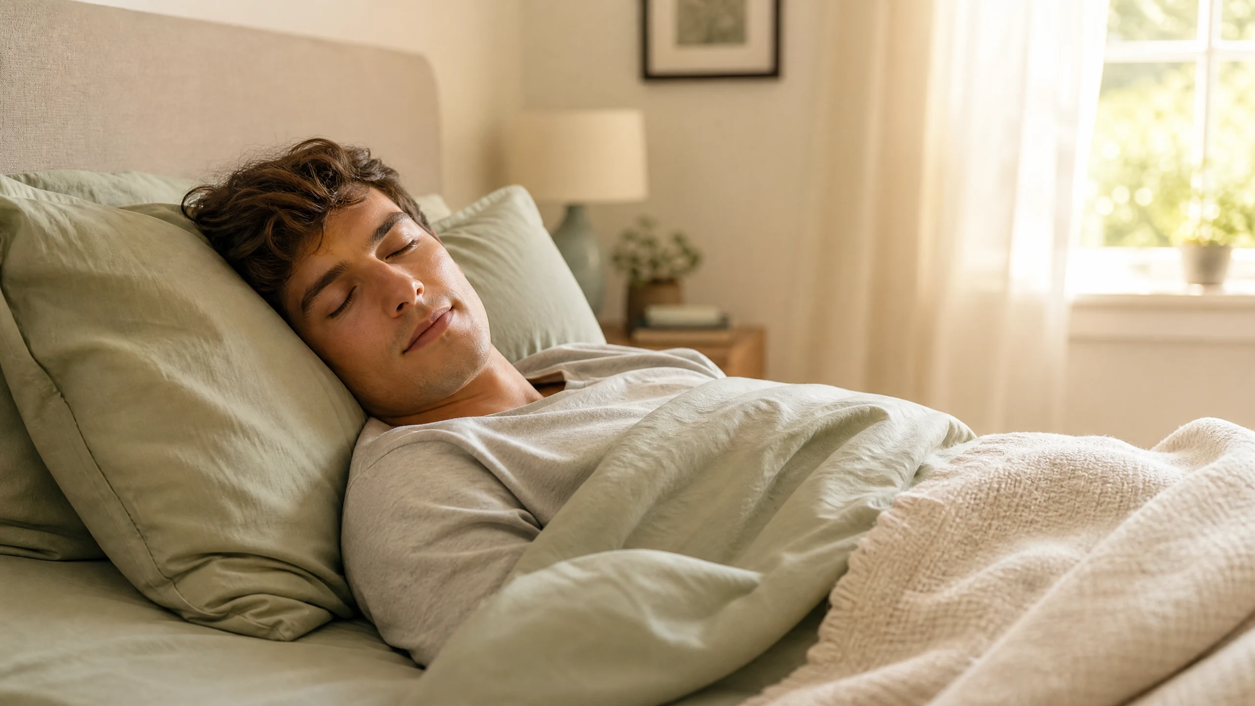 A young man sleeping peacefully alone in bed
